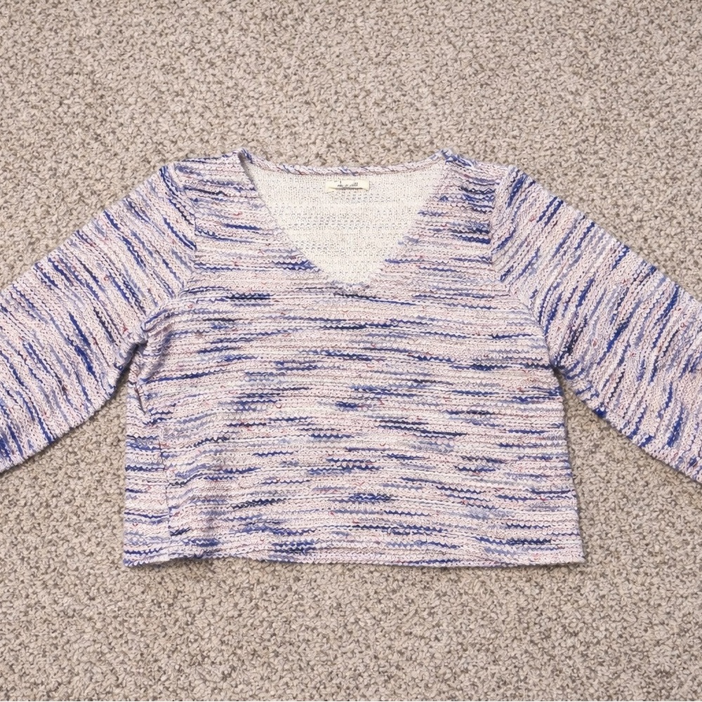 Madewell Cropped Blue and White V-Neck Sweater
